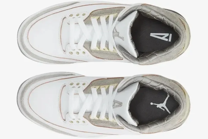 Top-down view of white and grey Air Jordan 3 Retro x A Ma Maniére SP sneakers. - SKU DH3434-110