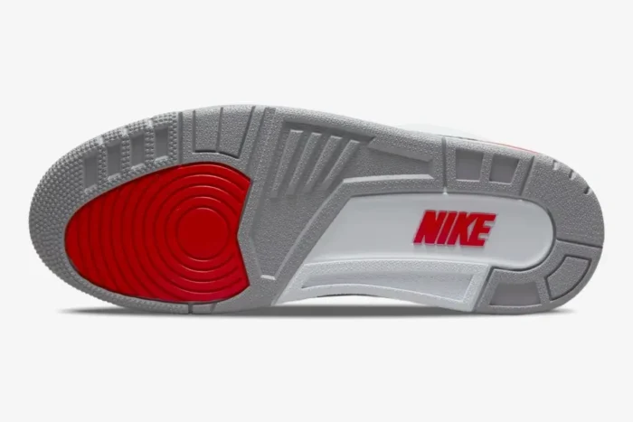 Bottom view of Air Jordan 3 Retro Fire Red OG sneakers showing grey, white, and red outsole. - SKU DN3707-160