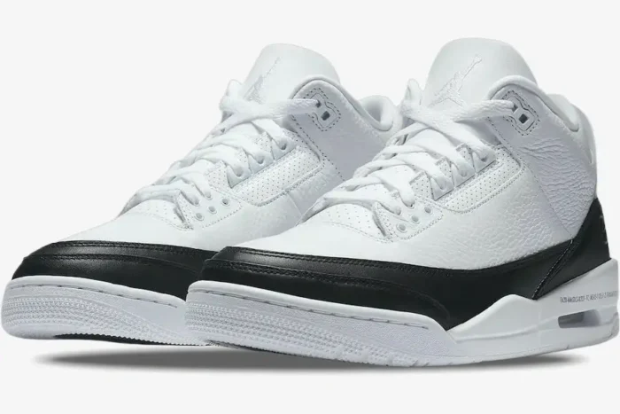 Air Jordan 3 Retro x Fragment Design sneakers in white and black, three-quarter front view. - SKU DA3595-100