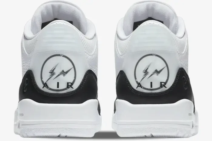 Rear view of Air Jordan 3 Retro x Fragment Design sneakers in white and black with translucent heel logos. - SKU DA3595-100
