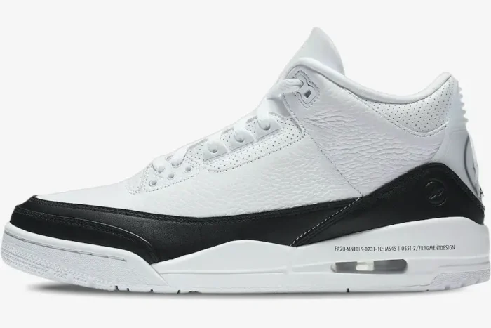 Side profile of the Air Jordan 3 Retro x Fragment Design in white and black leather. - SKU DA3595-100