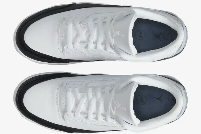 Top-down view of Air Jordan 3 Retro x Fragment Design sneakers in white and black leather. - SKU DA3595-100
