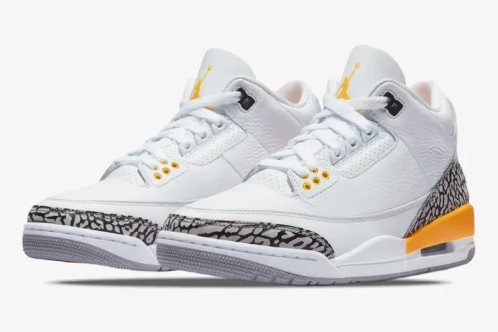 Air Jordan 3 Retro Laser Women's White Yellow sneakers in a three-quarter side view. - SKU CK9246-108