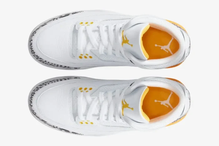 Top-down view of Air Jordan 3 Retro Laser Women's sneakers in white and yellow with elephant print accents. - SKU CK9246-108