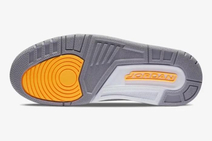 Outsole view of the Air Jordan 3 Retro Laser Women's White Yellow sneaker with grey and yellow tread. - SKU CK9246-108