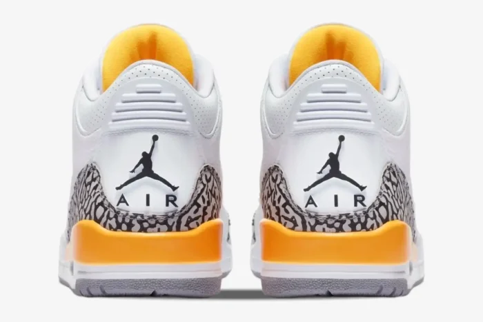 Rear view of Air Jordan 3 Retro Laser Women's sneakers in white and yellow with elephant print. - SKU CK9246-108