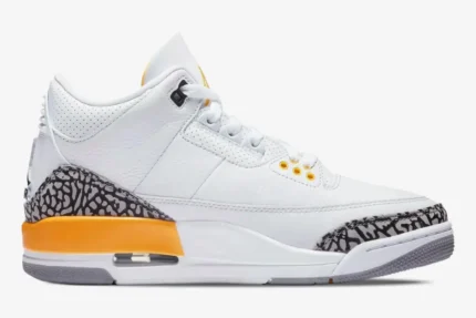 Side profile of Air Jordan 3 Retro Laser Women's sneaker in white and yellow with elephant print accents. - SKU CK9246-108