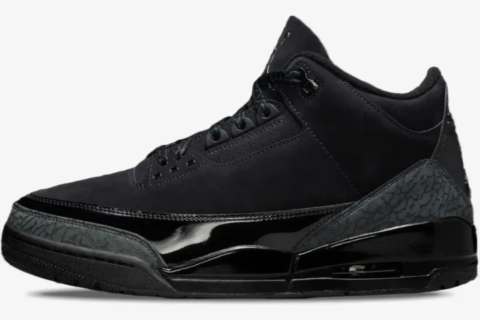 Side view of the Air Jordan 3 Retro Premium in black suede and patent leather with elephant print. - SKU 136064-002
