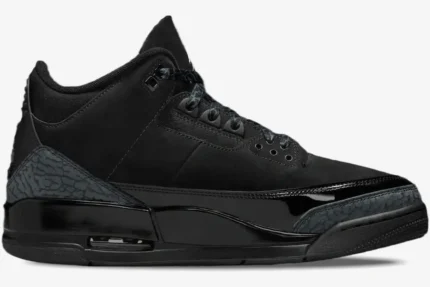 Side profile of the Air Jordan 3 Retro Premium in black suede and patent leather with elephant print details. - SKU 136064-002