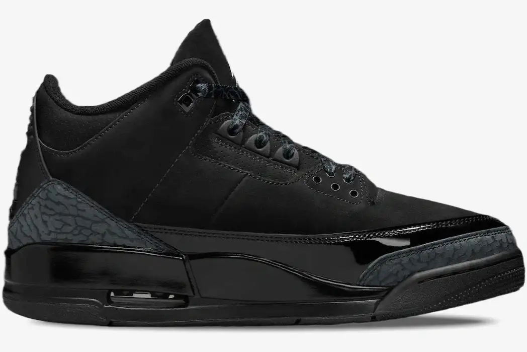 air-jordan-3-retro-premium-black-side-view-136064-002-609-506 Side profile of the Air Jordan 3 Retro Premium in black suede and patent leather with elephant print details. - SKU 136064-002