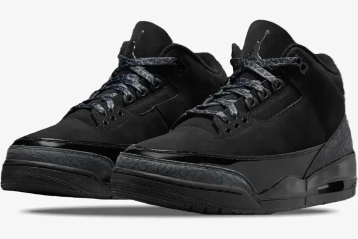 Black Air Jordan 3 Retro sneakers in premium suede and patent leather, three-quarter front view. - SKU 136064-002