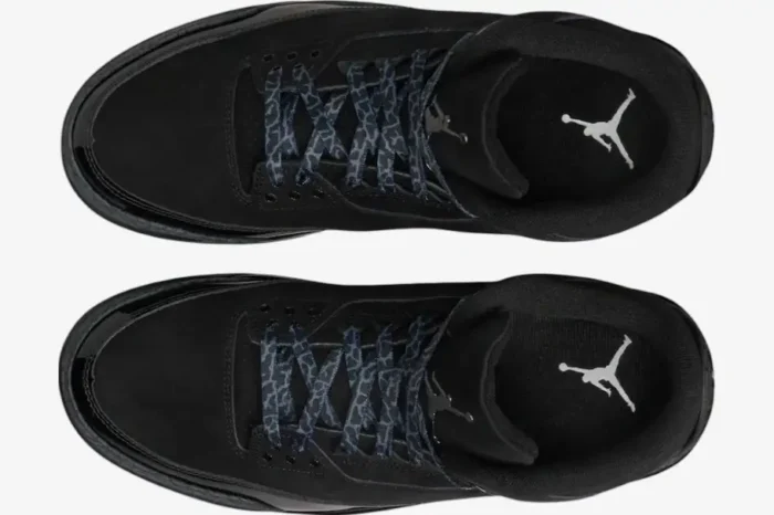Top-down view of black Air Jordan 3 Retro Premium sneakers featuring suede, patent leather, and patterned laces. - SKU 136064-002