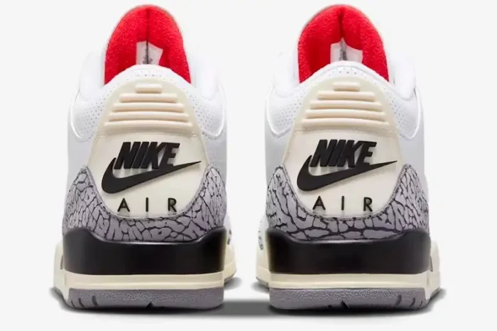 Rear view of Air Jordan 3 Retro White Cement Reimagined sneakers with elephant print and Nike Air logo. - SKU DN3707-100