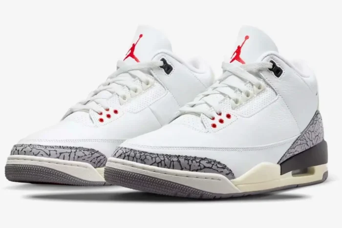Air Jordan 3 Retro White Cement Reimagined sneakers in a three-quarter front view showing white leather and elephant print. - SKU DN3707-100