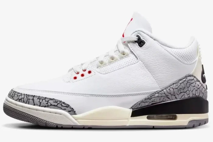 Profile view of the Air Jordan 3 Retro White Cement Reimagined sneaker in white with elephant print accents. - SKU DN3707-100