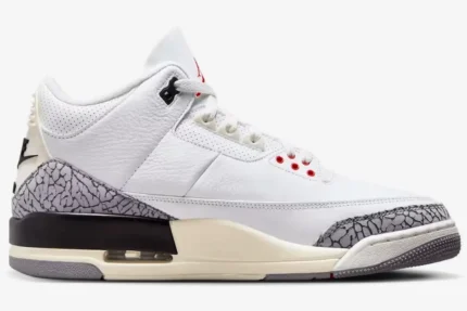 Side profile of the Air Jordan 3 Retro White Cement Reimagined sneaker with white leather and elephant print overlays. - SKU DN3707-100