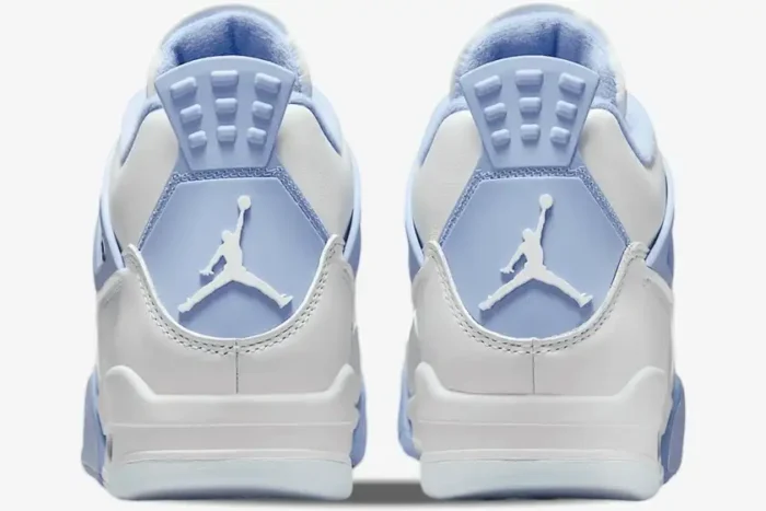 Back view of women's Air Jordan 4 Forget Me Not custom sneakers in white and light blue. - SKU HV0823-100