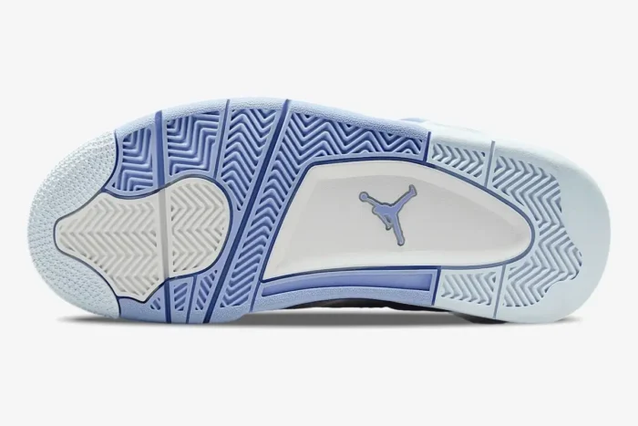 Outsole view of the Air Jordan 4 Forget Me Not Custom in light blue and white with Jumpman logo. - SKU HV0823-100