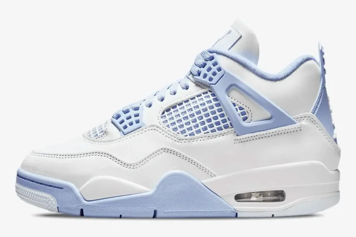 Side profile of a women's Air Jordan 4 Forget Me Not custom sneaker in white and light blue. - SKU HV0823-100