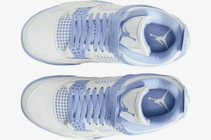 Top-down view of women's Air Jordan 4 Forget Me Not custom sneakers in white and light blue. - SKU HV0823-100