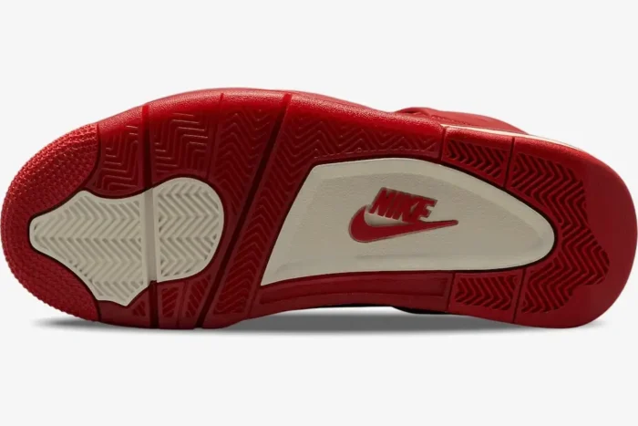 Bottom view of the red and off-white outsole of the Air Jordan 4 Nigel Sylvester Bike Air. - SKU HF4340-800