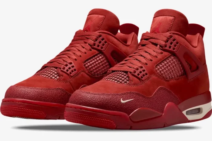 Pair of red suede Air Jordan 4 OG SP x Nigel Sylvester sneakers shown from a three-quarter front angle. - SKU HF4340-800
