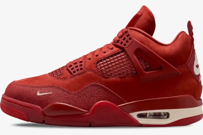 Side profile of the Air Jordan 4 Nigel Sylvester Bike Air in red suede with white accents. - SKU HF4340-800