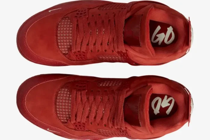 Top-down view of red suede Air Jordan 4 OG SP x Nigel Sylvester sneakers with white insole branding. - SKU HF4340-800