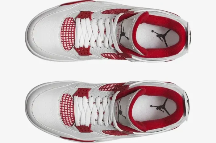 Top-down view of white and red Air Jordan 4 Retro Alternate 89 sneakers with white laces and red mesh. - SKU 308497-106
