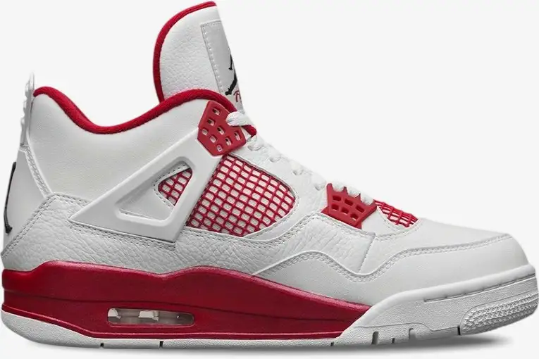 air-jordan-4-retro-alternate-89-white-red-side-308497-106-102-105 Side profile of Air Jordan 4 Retro Alternate 89 sneakers in white and gym red tumbled leather. - SKU 308497-106