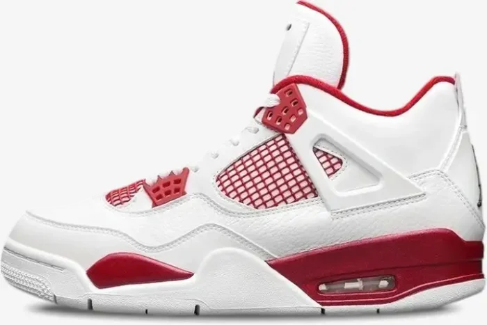 Side profile of white and red Air Jordan 4 Retro Alternate 89 sneakers with leather upper. - SKU 308497-106
