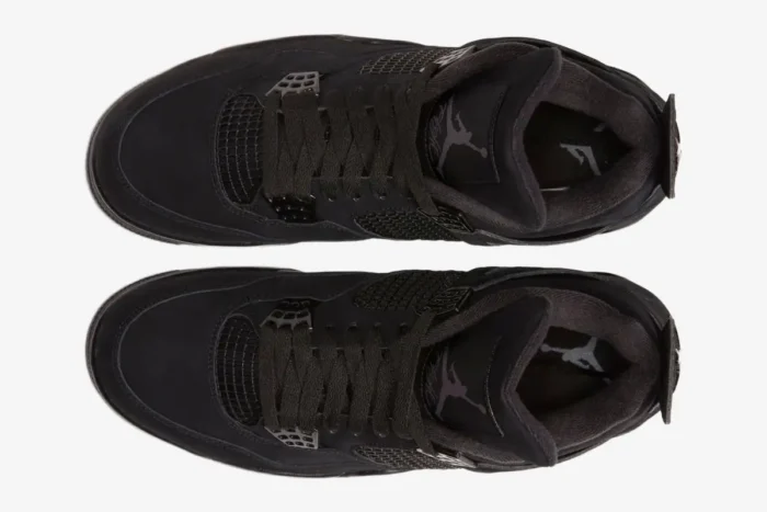 Top-down view of the all-black Air Jordan 4 Retro Black Cat sneakers showing laces and tongue logos. - SKU CU1110-010