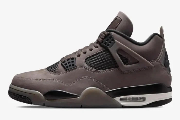 Side profile of Air Jordan 4 Retro Cave Stone and Black sneaker with mesh panels and visible Air unit. - SKU  FV5029-200