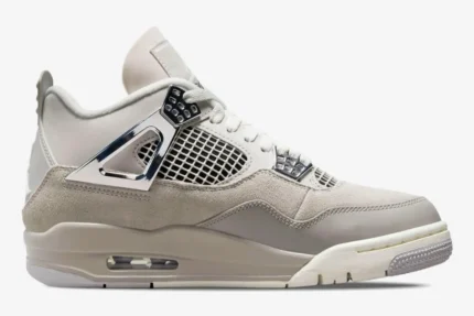 Side profile of Air Jordan 4 Retro Frozen Moments women's sneakers in light grey and metallic silver. - SKU AQ9129-001