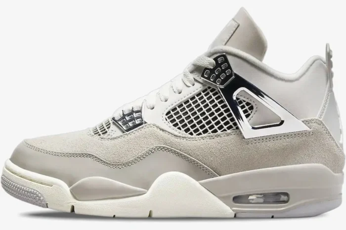 Air Jordan 4 Retro Frozen Moments in light grey and beige, side profile view with metallic silver accents. - SKU AQ9129-001