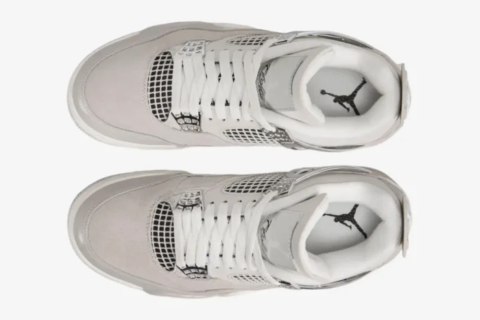 Top-down view of Air Jordan 4 Retro Frozen Moments sneakers featuring light grey suede and metallic silver eyelets. - SKU AQ9129-001