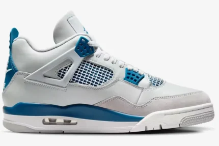 Side profile of Air Jordan 4 Retro Industrial Blue sneakers in white, grey, and blue. - SKU FV5029-141