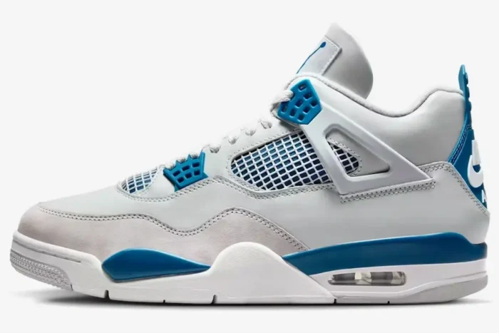 Side profile view of the Air Jordan 4 Retro Industrial Blue sneaker in white and blue. - SKU FV5029-141