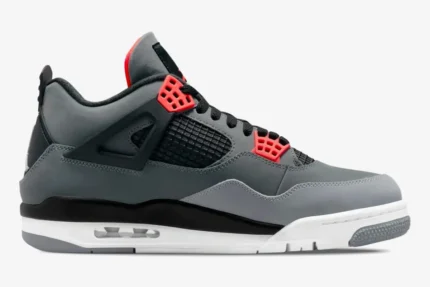 Side profile of Air Jordan 4 Retro Infrared sneakers in dark grey with bright red accents and black details. - SKU DH6927-061