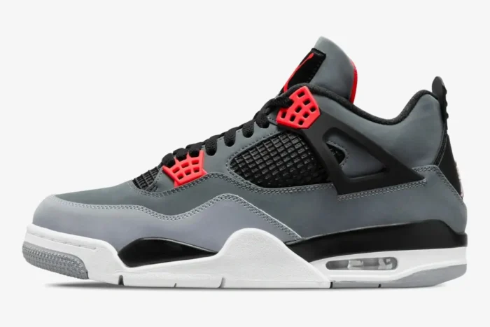 Air Jordan 4 Retro Infrared sneaker side view with grey upper, black accents, and infrared eyelets. - SKU DH6927-061