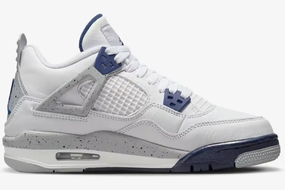 air-jordan-4-retro-midnight-navy-side-view-dh6927-140-953-996 Air Jordan 4 Retro Midnight Navy sneaker in a side view featuring white leather and grey speckled details. - SKU DH6927-140