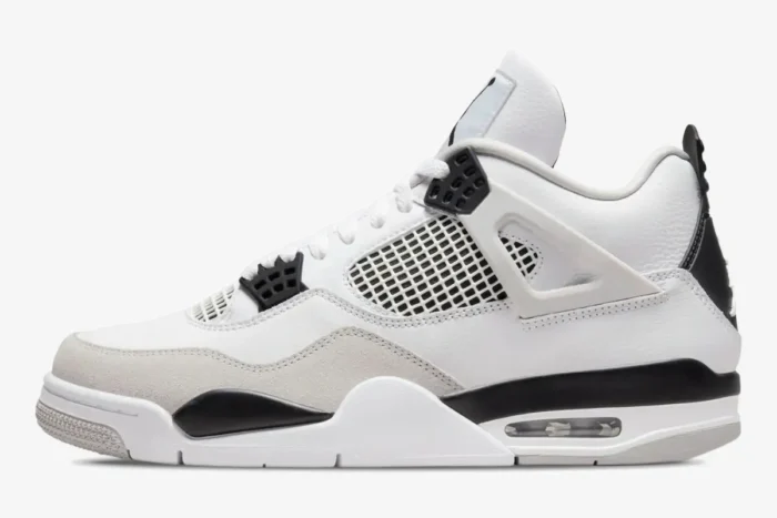 Side view of Air Jordan 4 Retro Military Black featuring white leather, grey suede, and black accents. - SKU DH6927-111
