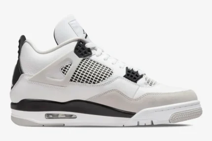 Side view of Air Jordan 4 Retro Military Black sneakers in white, black, and grey leather. - SKU DH6927-111