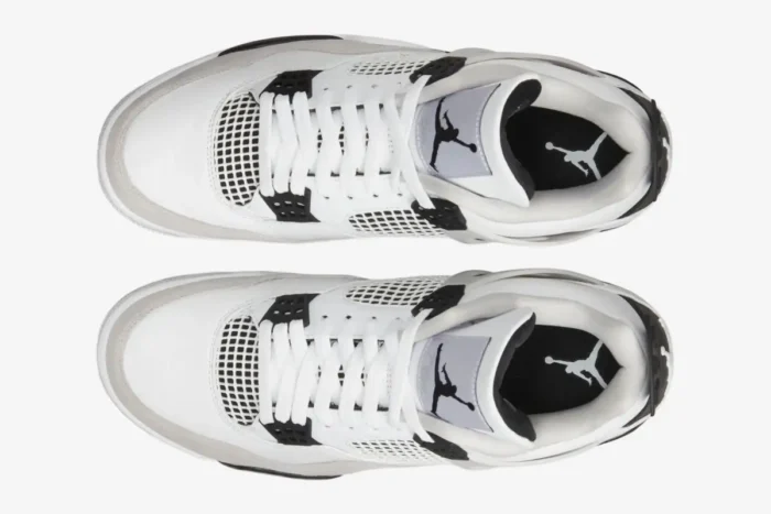 Top-down view of Air Jordan 4 Retro Military Black sneakers in white, grey, and black. - SKU DH6927-111