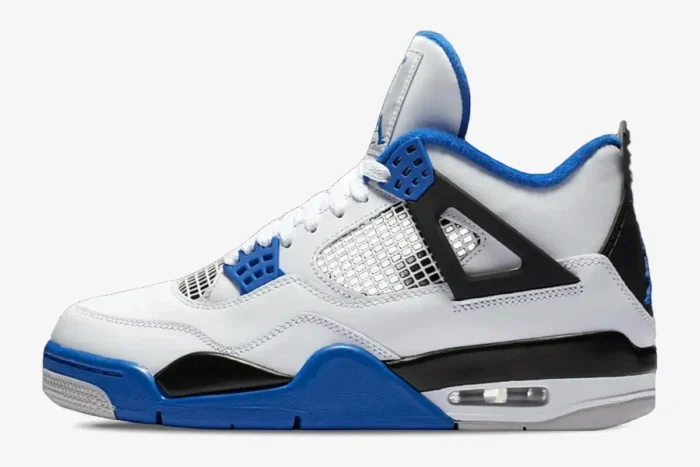 Side profile of Air Jordan 4 Retro Motorsports sneakers in white, blue, and black colors. - SKU 308497-117
