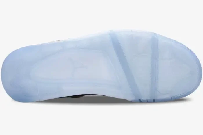 Bottom view of Air Jordan 4 Retro Oklahoma Sooners PE showing translucent icy blue outsole and Jumpman logo.