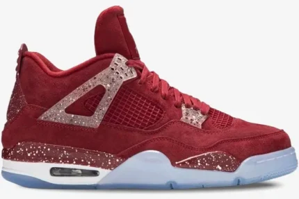 Side profile of the Air Jordan 4 Retro Oklahoma Sooners PE in burgundy suede with white speckled details.