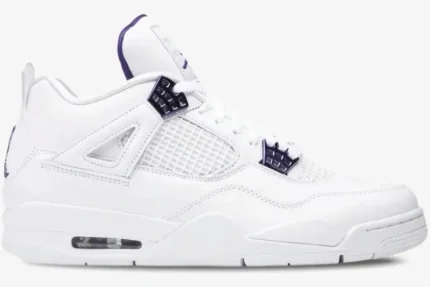 Side profile of white Air Jordan 4 Retro Purple Metallic sneakers with purple accents. - SKU CT8527-115