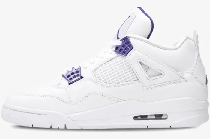 Side profile of the Air Jordan 4 Retro Purple Metallic sneaker in white with purple accents. - SKU CT8527-115