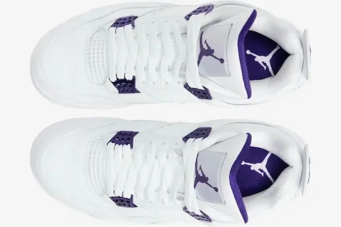 Top-down view of white Air Jordan 4 Retro Purple Metallic sneakers with purple accents. - SKU CT8527-115